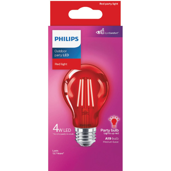 Philips Red A19 Medium 4W Indoor/Outdoor LED Decorative Party Light Bulb Philips Red A19 Medium 4W Indoor/Outdoor LED Decorative Party Light Bulb
