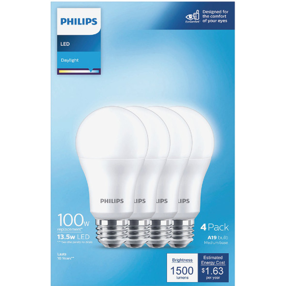 Philips EyeComfort 100W Equivalent Daylight A19 Medium LED Light Bulb (4-Pack) 565416 504781