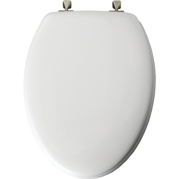 Bemis Mayfair Elongated Closed Front White Wood Toilet Seat with Brushed Nickel Hinges