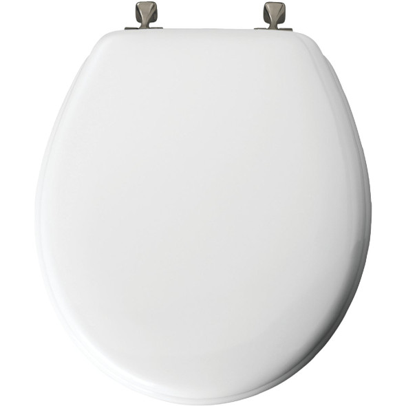 Bemis Mayfair Round Closed Front White Wood Toilet Seat with Brushed Nickel Hinges