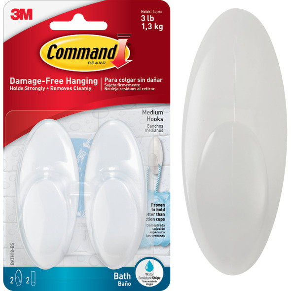 Command Medium Bath Hook, White, 2 Hooks, 2 Strips BATH18-ES