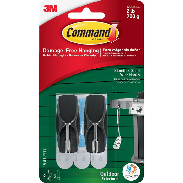 Command Outdoor Stainless Steel Wire Hooks with Foam Strips, 2 Hooks, 3 Strips 17065S-AWES 200908