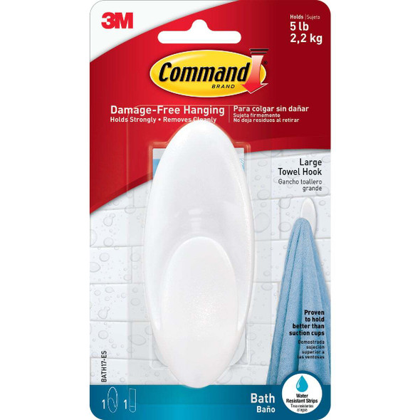 Command Large Bath Hook, White, 1 Hook, 1 Large Strip BATH17-ES