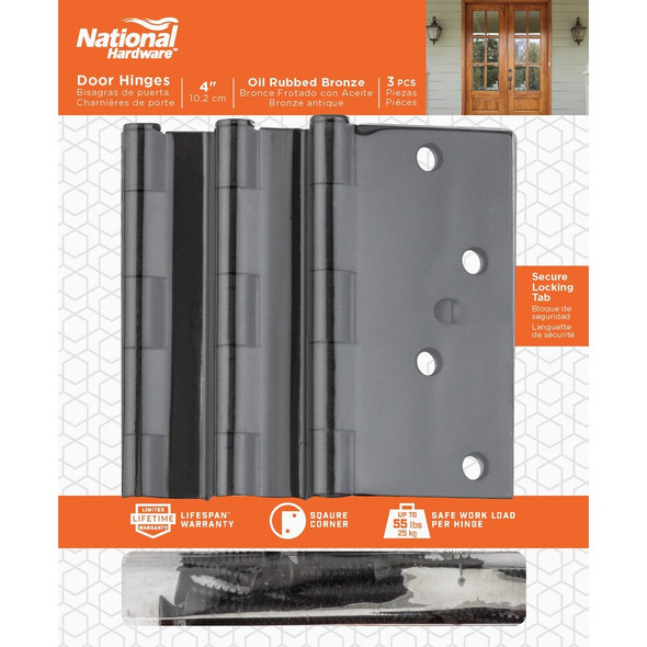 National Hardware 4 In. Oil Rubbed Bronze Square Door Hinge, (3-Pack) N830-402 201008