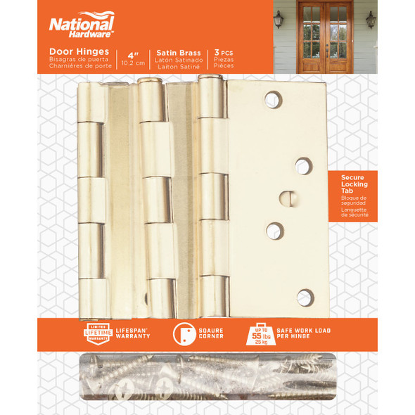 National Hardware 4 In. Satin Brass Square Door Hinge, (3-Pack)