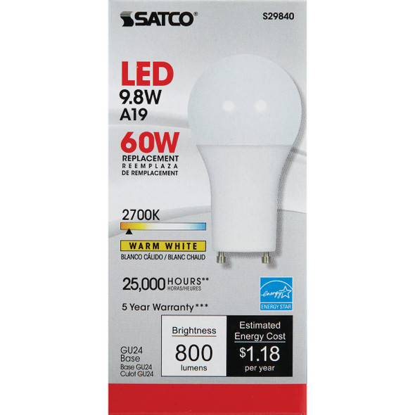 Satco 60W Equivalent Warm White A19 GU24 LED Light Bulb S29840 502607