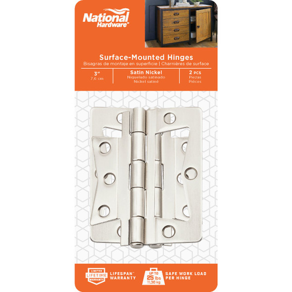 National Hardware 3 In. Satin Nickel Surface-Mounted Door Hinge (2-Count) N830-435 201047