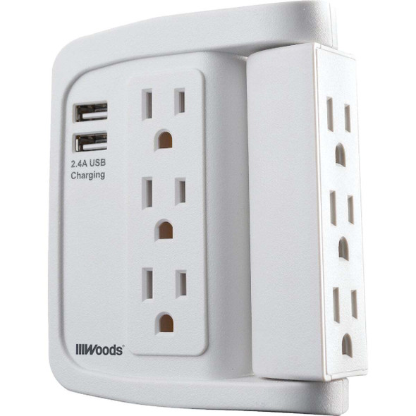 Woods 2-USB/6-Standard Outlet 2.4A/15A White Swivel Surge Tap 41424