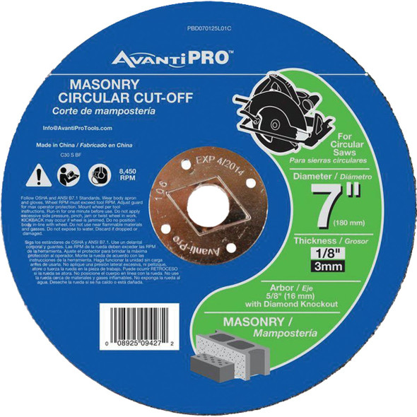 Avanti Pro Type 1 7 In. x 1/8 In. x 5/8 In. Masonry Cut-Off Wheel PBD070125L01C