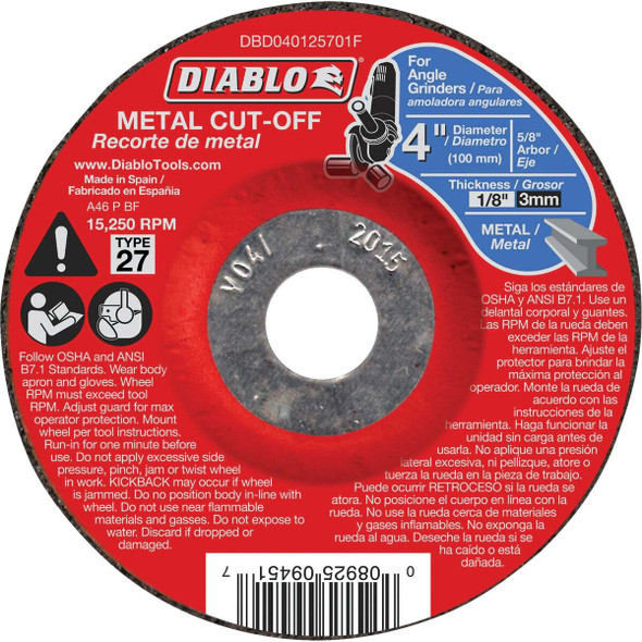 Diablo Type 27 4 In. x 1/8 In. x 5/8 In. Metal Cut-Off Wheel DBD040125701F