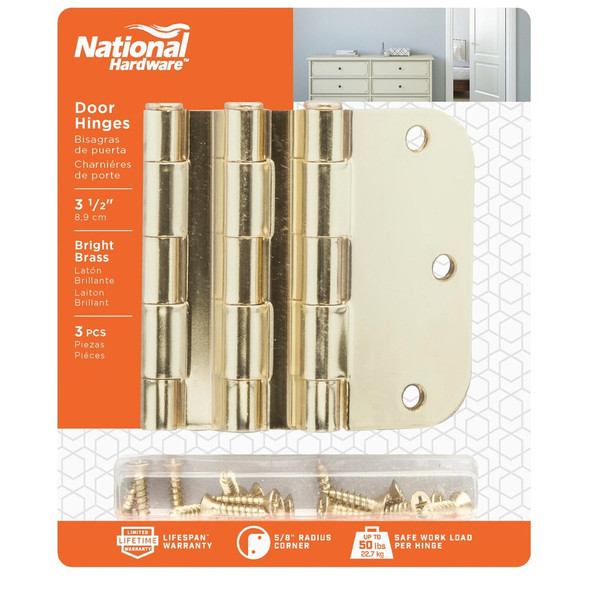 National Hardware 3-1-2 In. x 5-8 In. Radius Polished Brass Door Hinge (3-Pack) N830-322 200683
