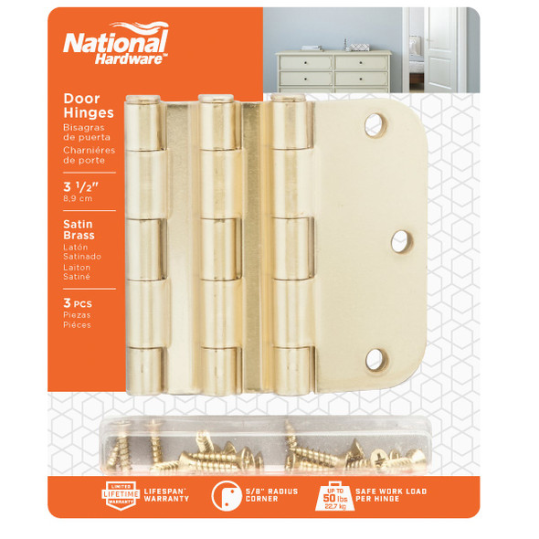 National Hardware 3-1/2 In. x 5/8 In. Radius Satin Brass Door Hinge (3-Pack)