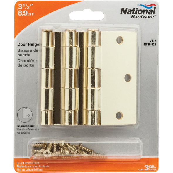 National Hardware 3-1-2 In. Square Polished Brass Door Hinge (3-Pack) N830-320 200660