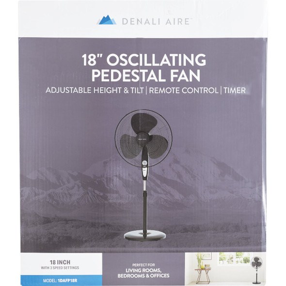 Denali Aire 18 In. 3-Speed Black Oscillating Pedestal Fan with Remote