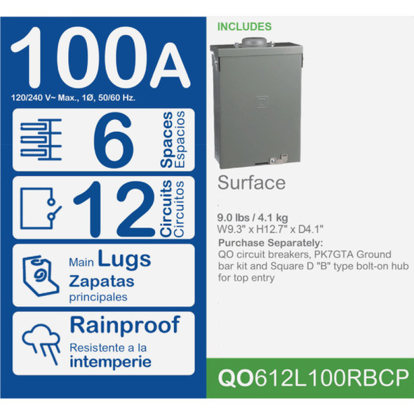 Square D QO 100A 6-Space 12-Circuit Raintight Main Lug Load Center QO612L100RBCP 528469