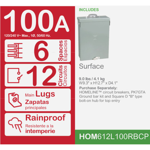 Square D Homeline 100A 6-Space 12-Circuit Raintight Main Lug Load Center HOM612L100RBCP 503789