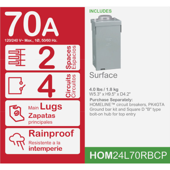 Square D Homeline 70A 2-Space 4-Circuit Raintight Main Lug Load Center HOM24L70RBCP 504335