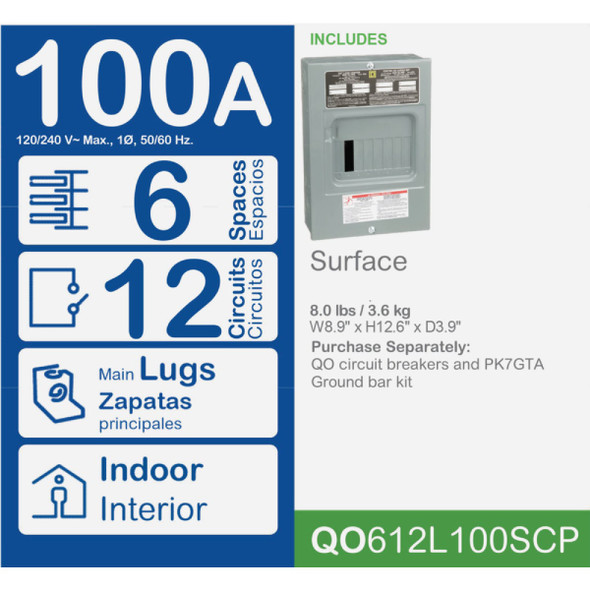 Square D QO 100A 6-Space 12-Circuit Indoor Main Lug Load Center QO612L100SCP 528450
