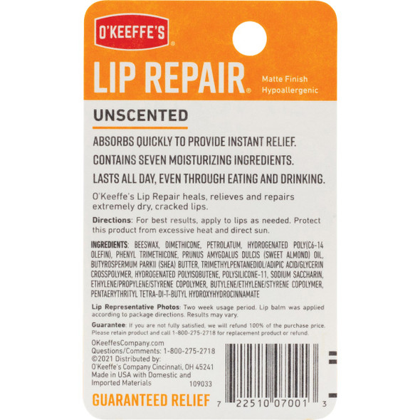 O'Keeffe's Original Unflavored Lip Repair, 0.15 Oz. O'Keeffe's Original Unflavored Lip Repair, 0.15 Oz.