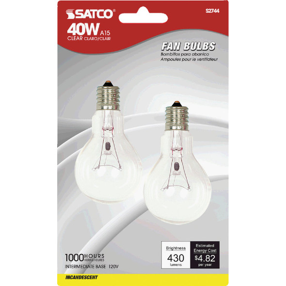 Satco 40W Clear Intermediate A15 Incandescent Ceiling Fan Light Bulb (2-Pack)