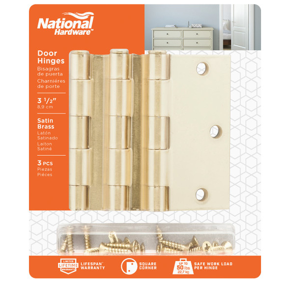 National Hardware 3-1/2 In. Square Satin Brass Door Hinge (3-Pack)