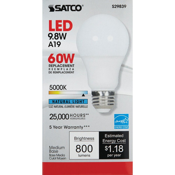 Satco 60W Equivalent Natural Light A19 Medium Dimmable LED Light Bulb S29839 502605