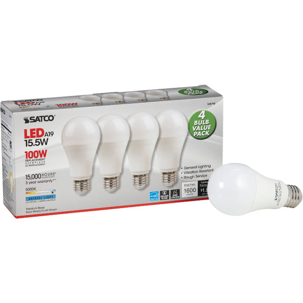 Satco 100W Equivalent Natural Light A19 Medium LED Light Bulb (4-Pack) S14342