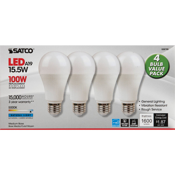 Satco 100W Equivalent Natural Light A19 Medium LED Light Bulb (4-Pack)