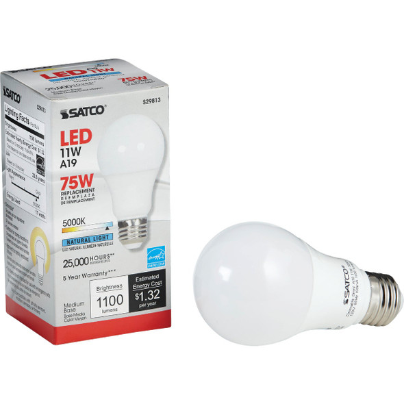 Satco 75W Equivalent Natural Light A19 Medium Dimmable LED Light Bulb S15164