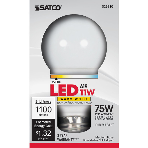 Satco 75W Equivalent Warm White A19 Medium Dimmable LED Light Bulb S15158