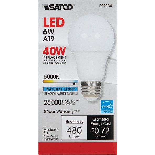 Satco 40W Equivalent Natural Light A19 Medium Dimmable LED Light Bulb S29834 502601
