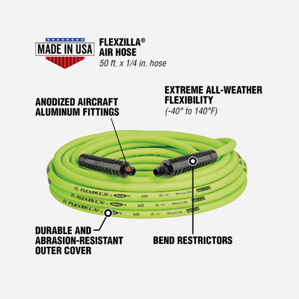 Flexzilla 1/4 In. x 50 Ft. Polymer-Blend Air Hose with 1/4 In. MNPT Fittings Flexzilla 1/4 In. x 50 Ft. Polymer-Blend Air Hose with 1/4 In. MNPT Fittings
