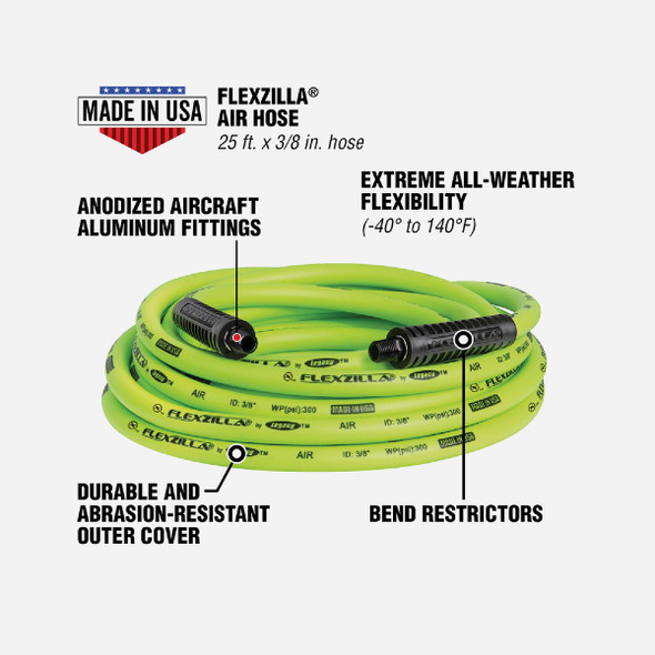 Flexzilla 3/8 In. x 25 Ft. Polymer-Blend Air Hose with 1/4 In. MNPT Fittings Flexzilla 3/8 In. x 25 Ft. Polymer-Blend Air Hose with 1/4 In. MNPT Fittings