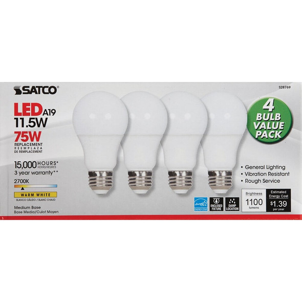 Satco 75W Equivalent Warm White A19 Medium LED Light Bulb (4-Pack) S28769 502582