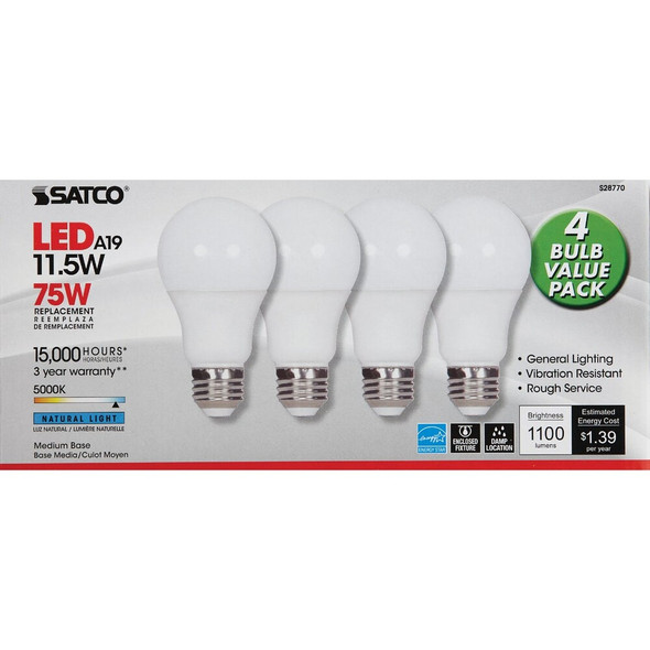 Satco 75W Equivalent Natural Light A19 Medium LED Light Bulb (4-Pack) S28770 502584
