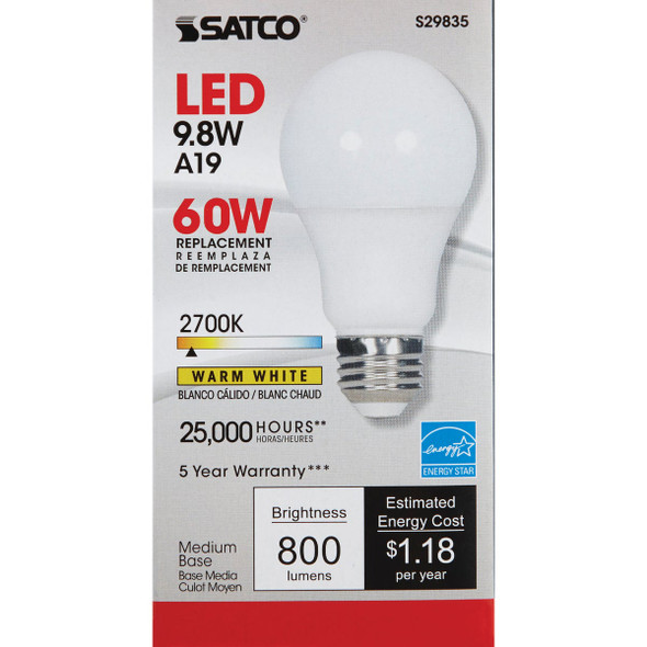 Satco 60W Equivalent Warm White A19 Medium Dimmable LED Light Bulb S15137 502603