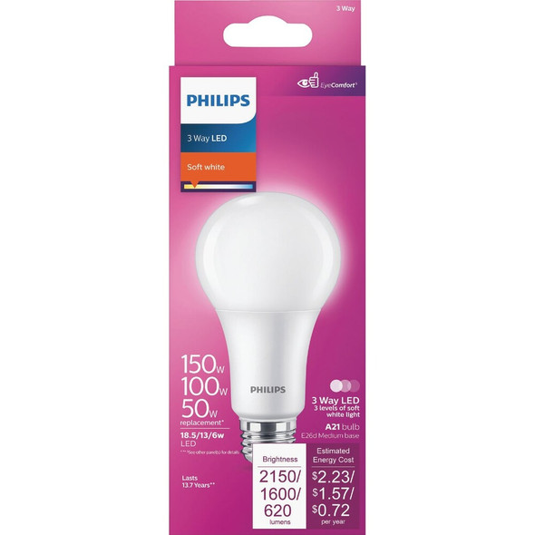 Philips 50-100-150W Equivalent Soft White A21 Medium 3-Way LED Light Bulb 571521 541995