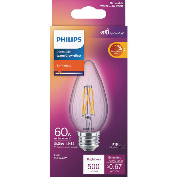 Philips Warm Glow 60W Equivalent Soft White F15 Medium Dimmable Post LED Decorative Light Bulb