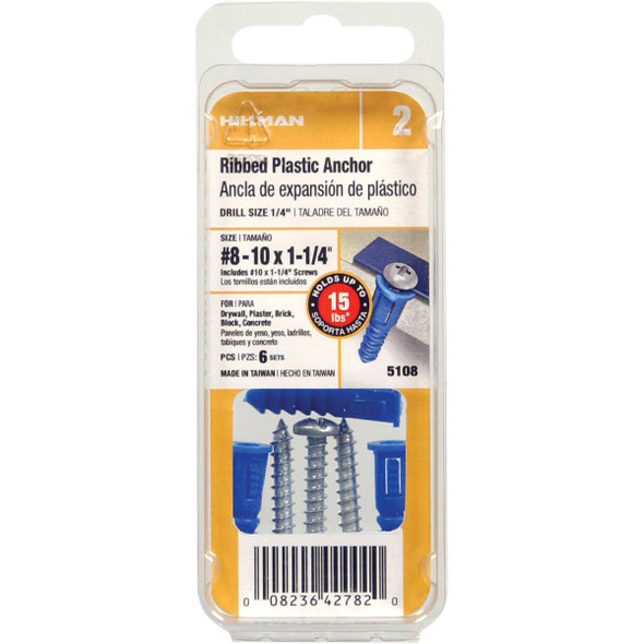 Hillman #8 - #10 - #12 Thread x 1-1-4 In. Blue Ribbed Plastic Anchor (6-Count) 5108 200477