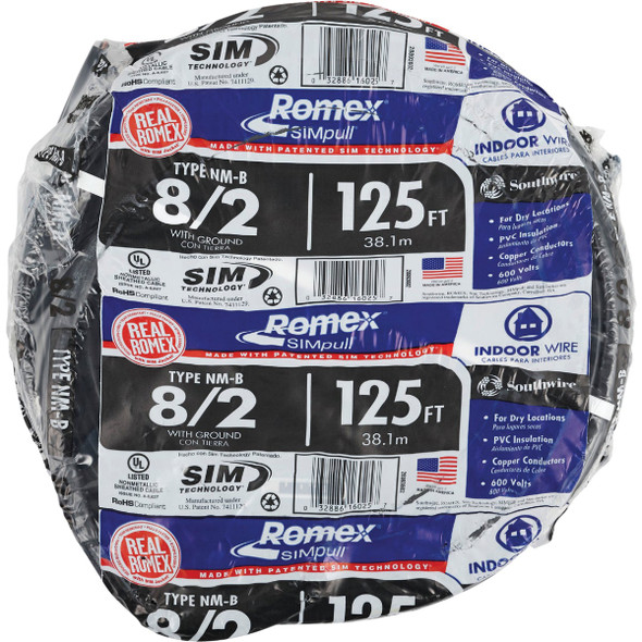 Romex 125 Ft. 8-2 Stranded Black NMW-G Electrical Wire 28893602 533009