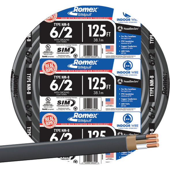 Romex 125 Ft. 6/2 Stranded Black NMW/G Electrical Wire 28894402