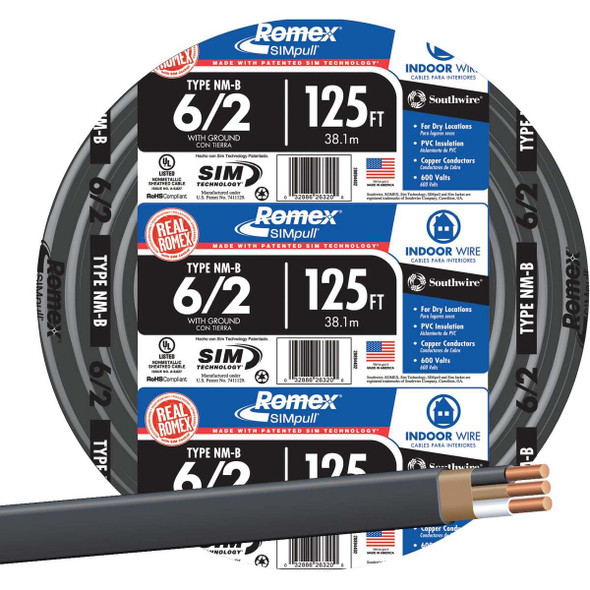 Romex 125 Ft. 6/2 Stranded Black NMW/G Electrical Wire 28894402