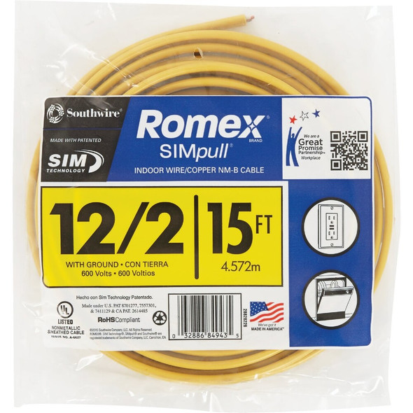 Romex 15 Ft. 12-2 Solid Yellow NMW-G Electrical Wire 28828226 500942