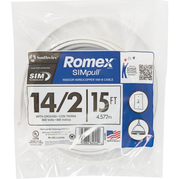 Romex 15 Ft. 14/2 Solid White NMW/G Electrical Wire