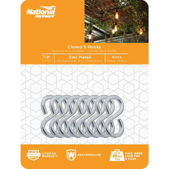National Hardware 7-8 In. Zinc Light Closed S Hook (8-Count) N121-434 229078