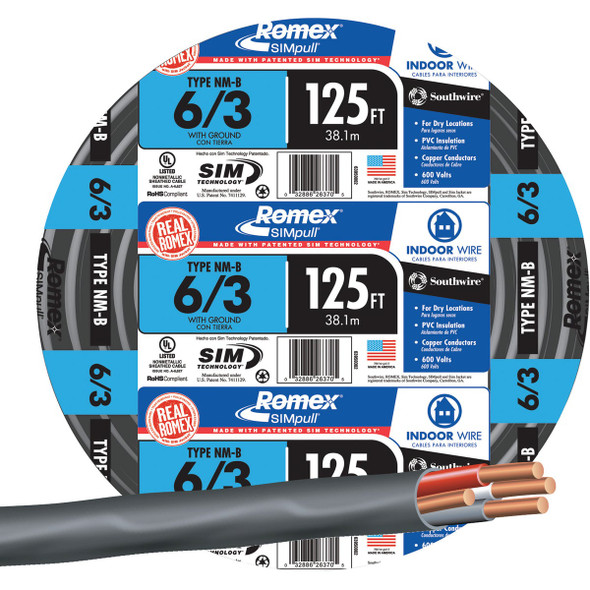 Romex 125 Ft. 6/3 Stranded Black NMW/G Electrical Wire 63950002