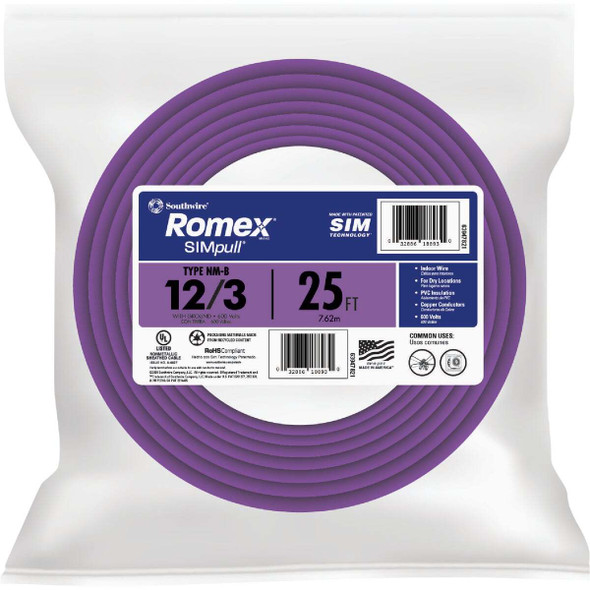 Romex 25 Ft. 12/3 Solid Purple NMW/G Electrical Wire 63947821