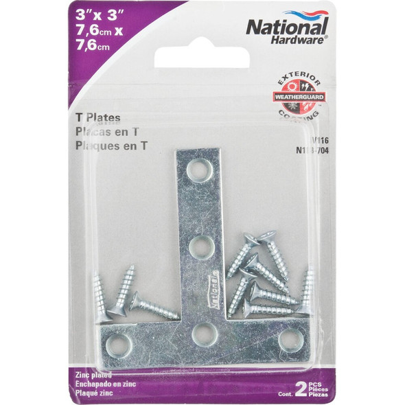 National Hardware 3 In. x 3 In. Zinc T-Plate (2-Pack) N113-704 210827