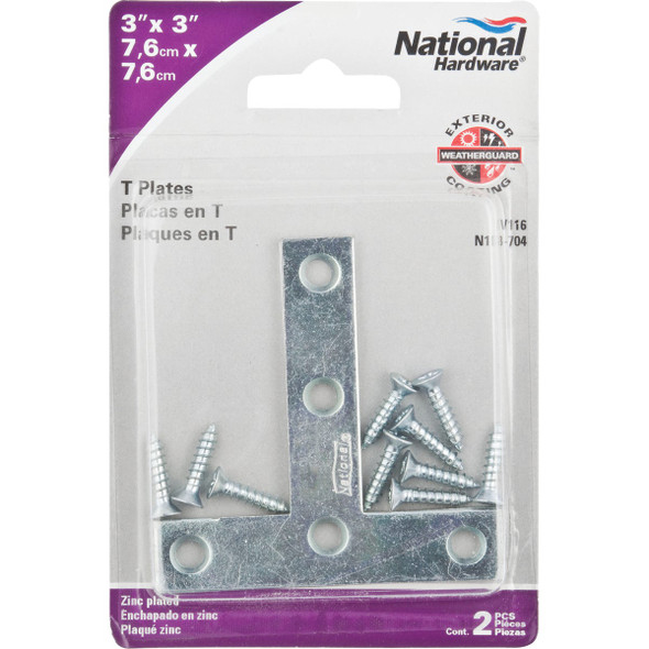 National Hardware 3 In. x 3 In. Zinc T-Plate (2-Pack) N113-704 210827