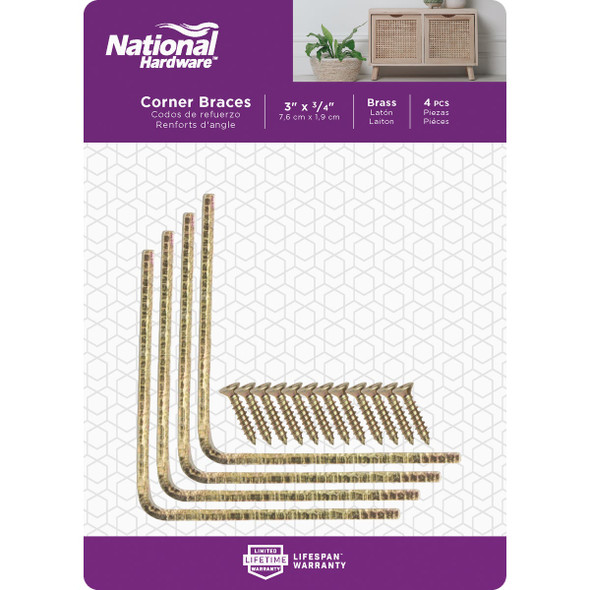 National Hardware 3 In. x 3/4 In. Brass Steel Corner Brace (4-Count)